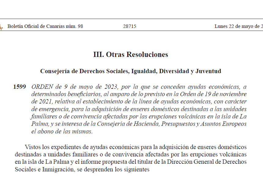 Derechos Sociales dota de más recursos la partida de ayudas a enseres de afectados por el volcán