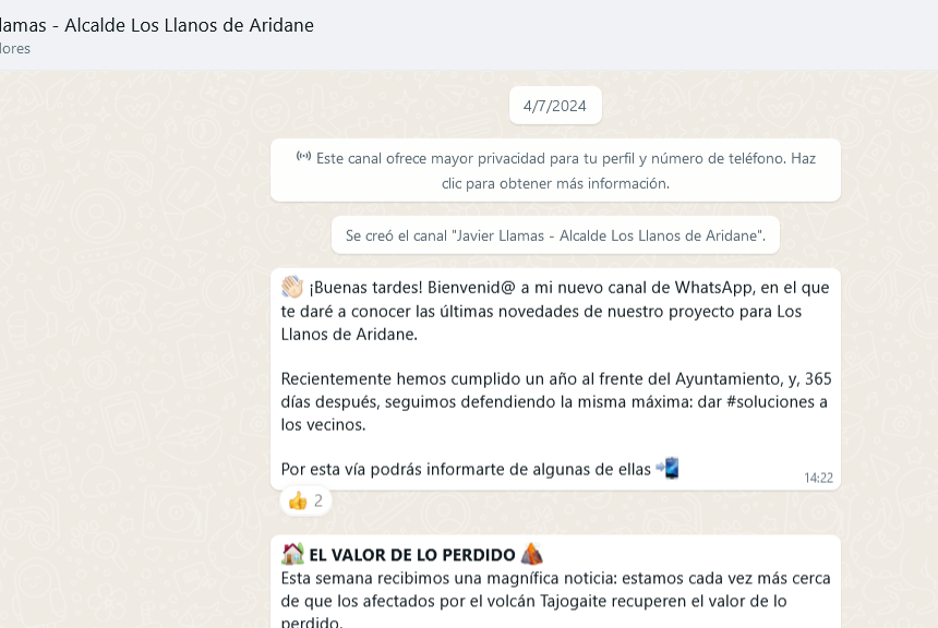 El alcalde de Los Llanos de Aridane crea un canal de Whatsapp para difundir su gestión